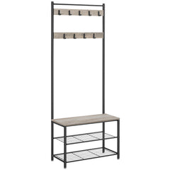 Black coat stand with shoe rack and wood-top bench, multi-hook frame