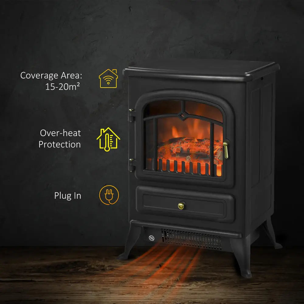 Black electric fireplace stove with flame effect, over-heat protection, and plug-in design