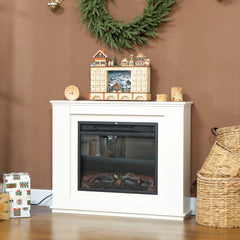 White electric fireplace mantel with glass front and orange flame effect