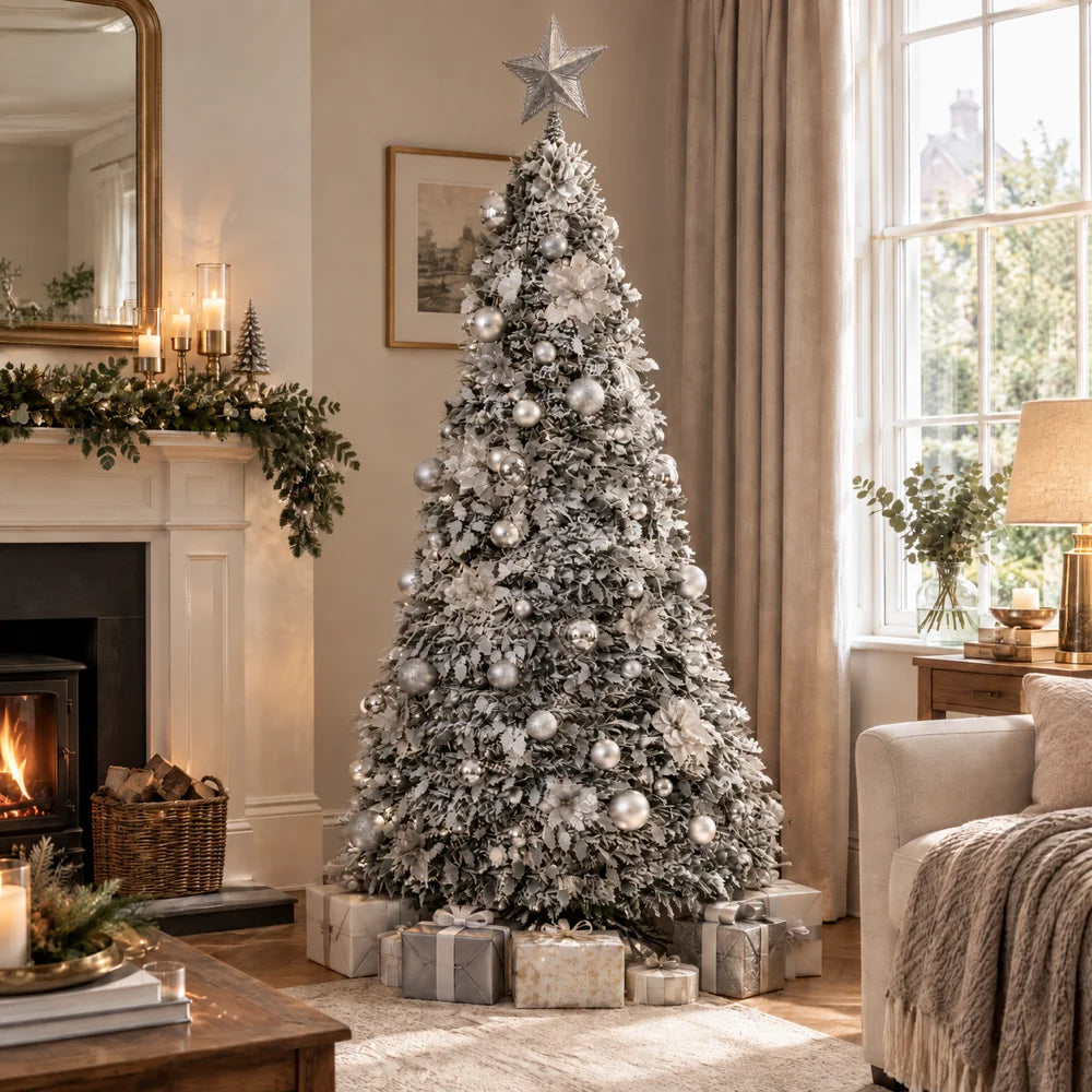 Pre-lit pop-up Christmas tree with silver baubles and warm white LED lights, star topper