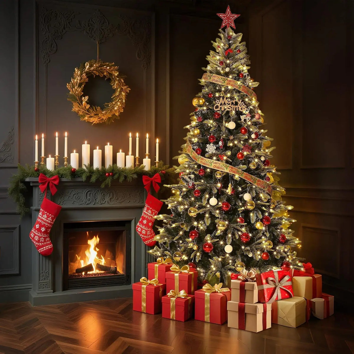 Prelit pencil Christmas tree with warm white lights and red gold ornaments, star topper