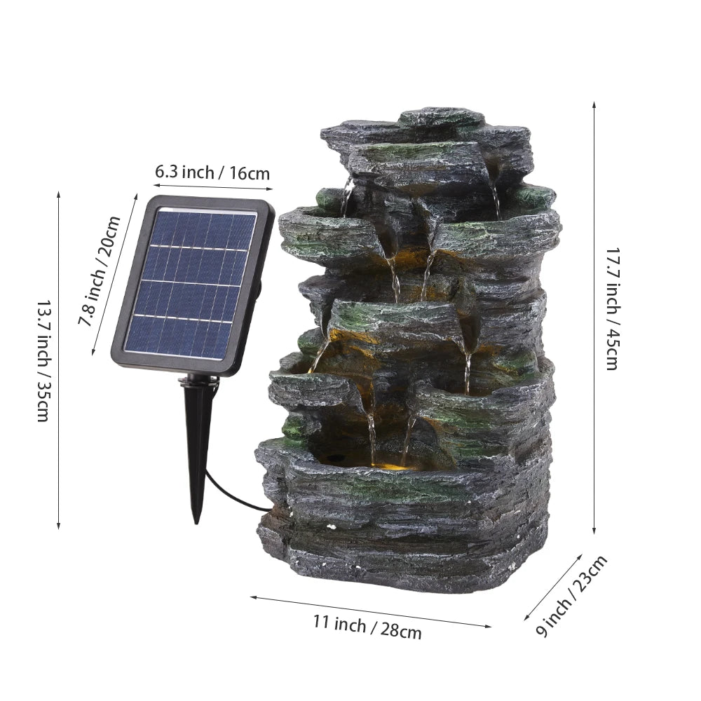 Grey faux rock garden fountain with solar panel and labeled size measurements