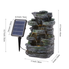 Grey faux rock garden fountain with solar panel and labeled size measurements