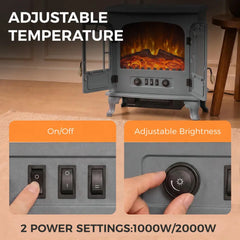Grey electric fireplace stove heater with open front door and control knobs, LED flame effect