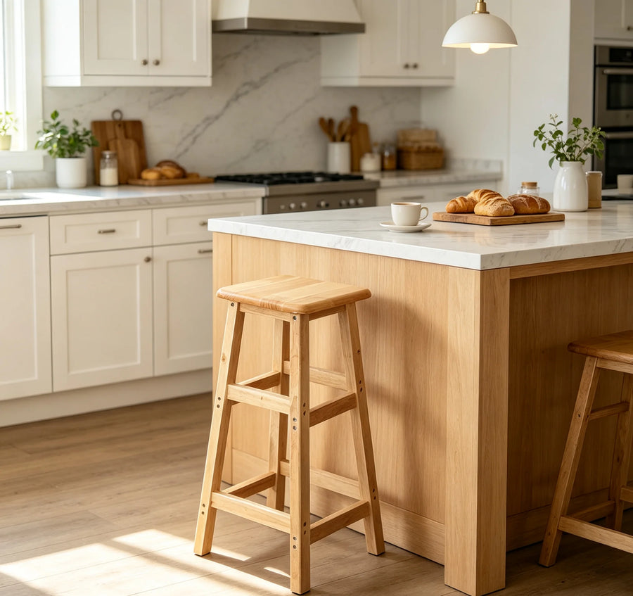 Natural wood bar stool with square seat and lower footrest for kitchen counter