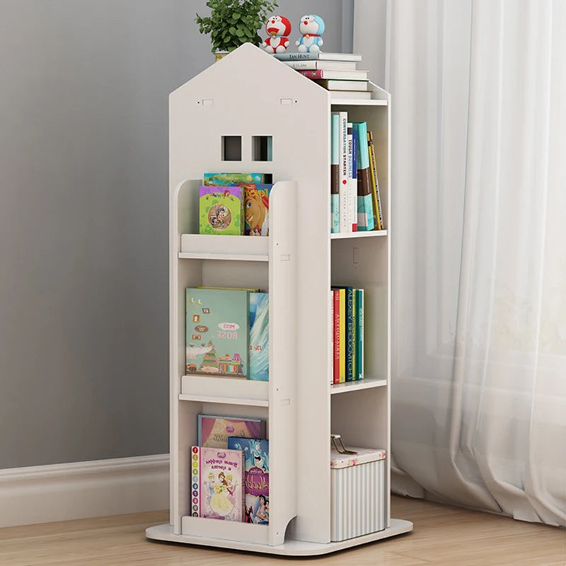 Breeins kids' rotating house-frame bookshelf cabinet with white storage shelves