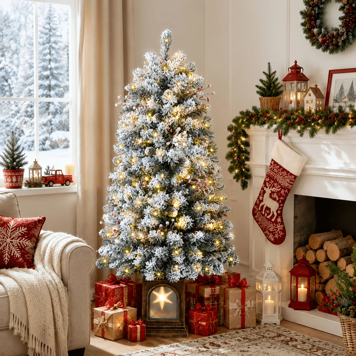 Snow-frosted pre-lit potted Christmas tree with warm white LEDs and gift-ready base