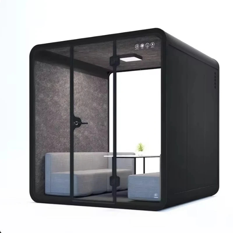 Portable quiet work pod in black with window panels and interior seating, open doorway view