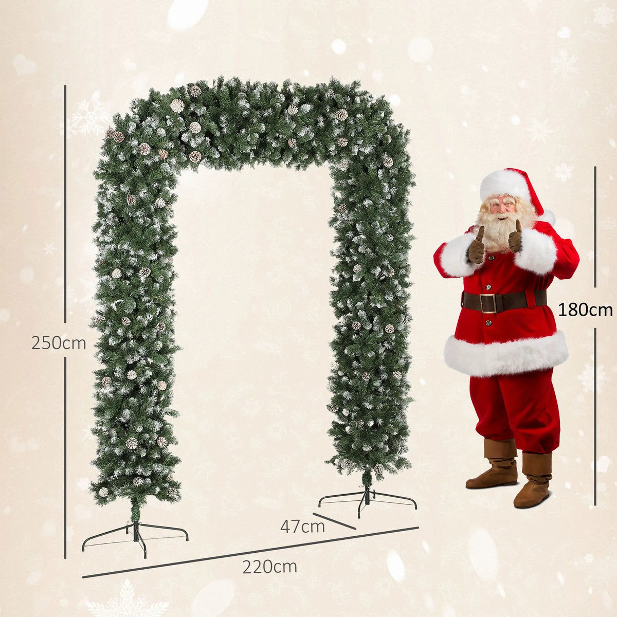 Artificial snow-frosted tree arch with pinecones, shown with size dimensions