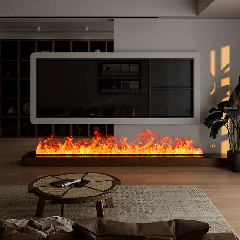 Embedded electric fireplace with orange flame bed and dark glass front panel