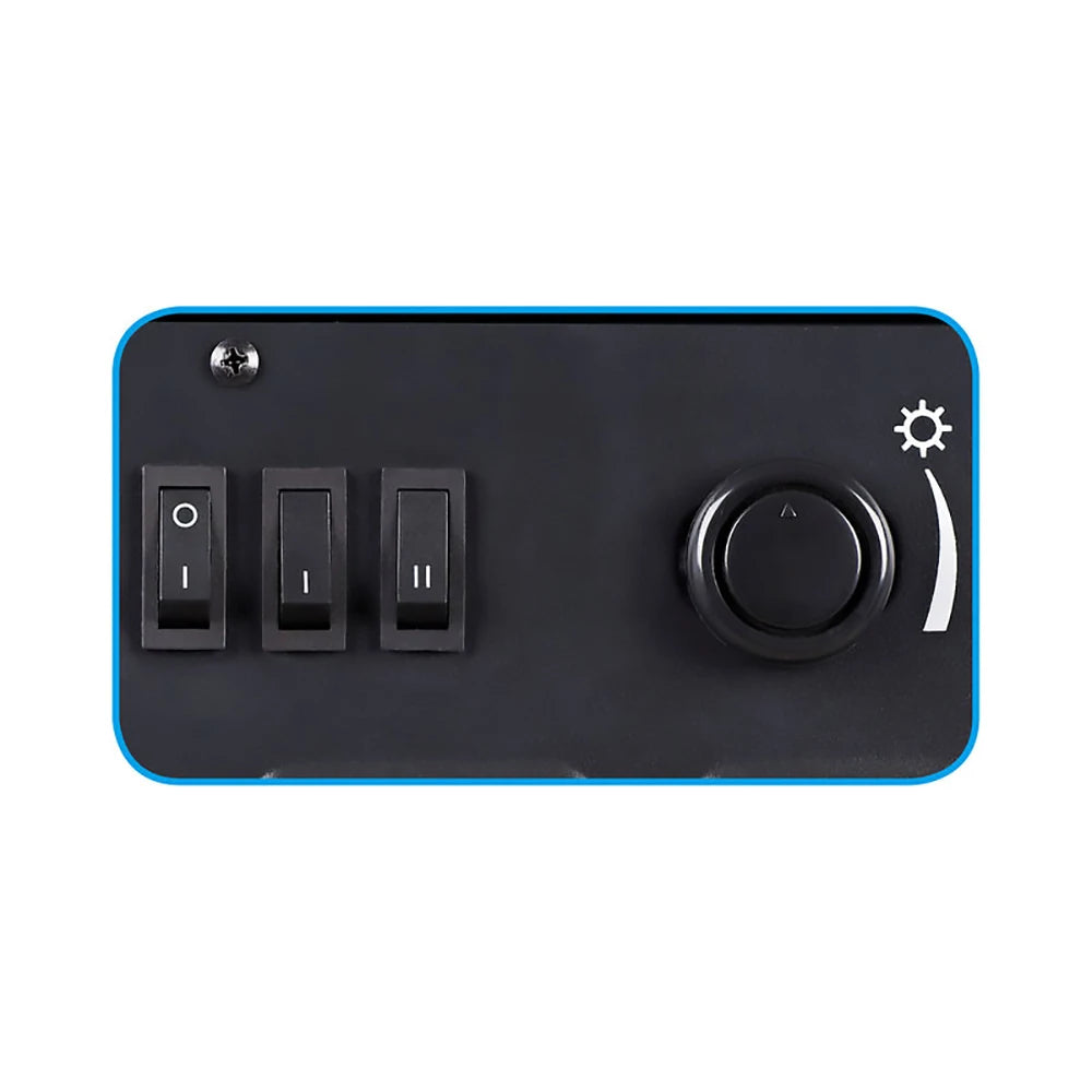 Freestanding electric fireplace heater control panel with switches and thermostat knob