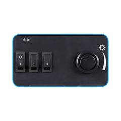 Freestanding electric fireplace heater control panel with switches and thermostat knob