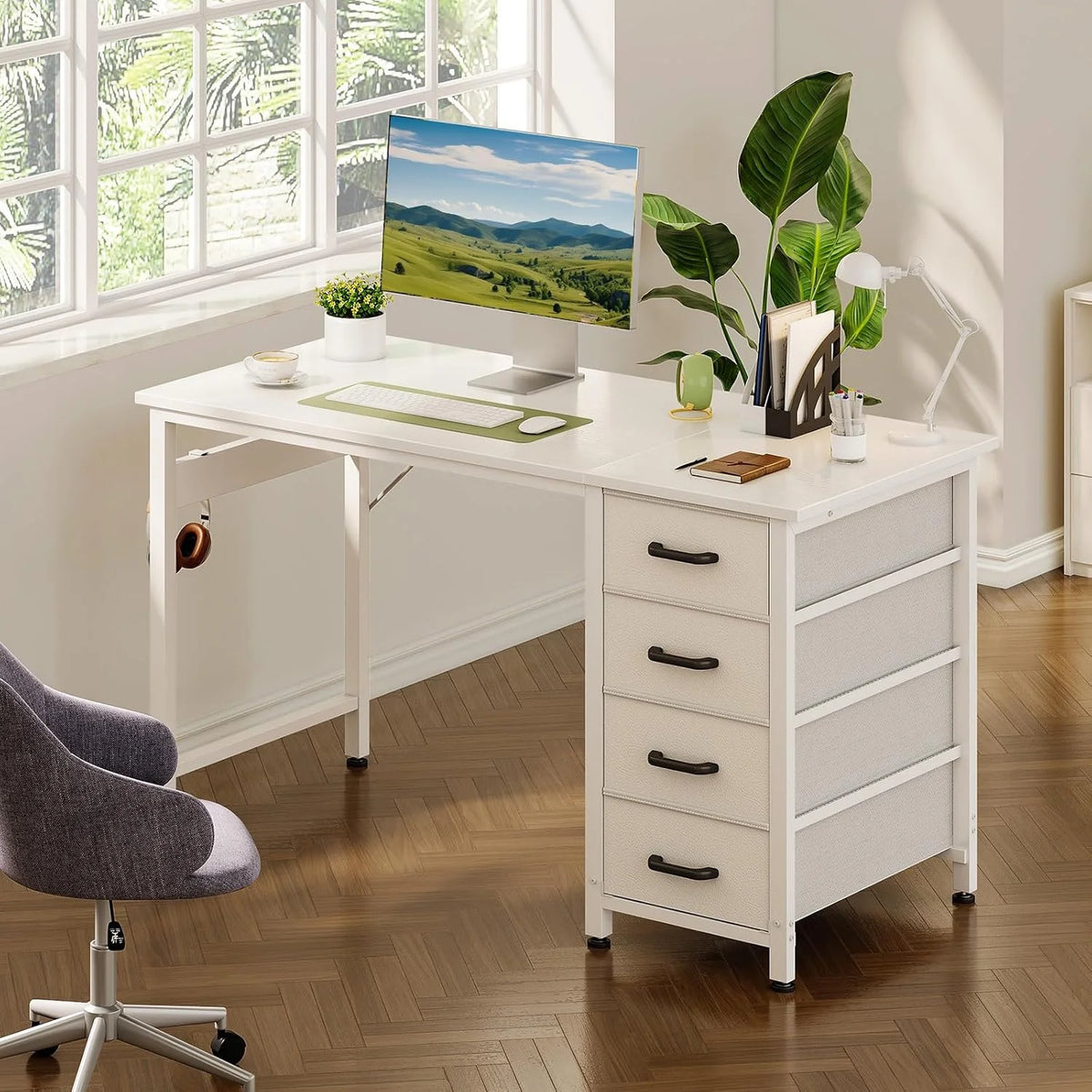 White computer desk with drawer storage and side cabinet for small spaces