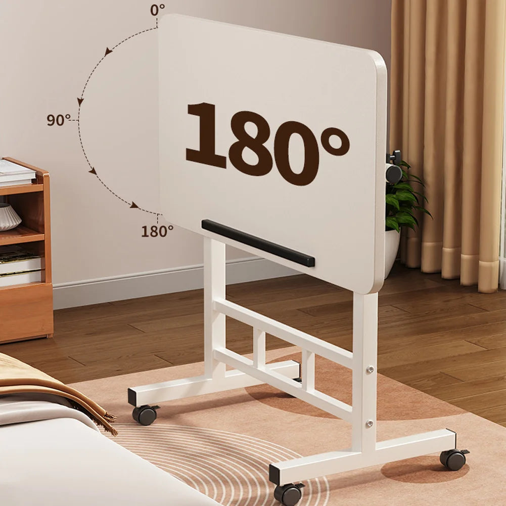 White standing desk with caster wheels and foldable tabletop panel for compact storage