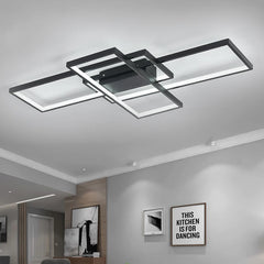 Modern rectangular LED ceiling chandelier with black frame and four rectangular light panels