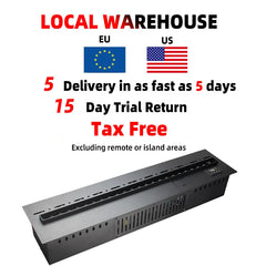 Long black electric fireplace unit, top view with control panel