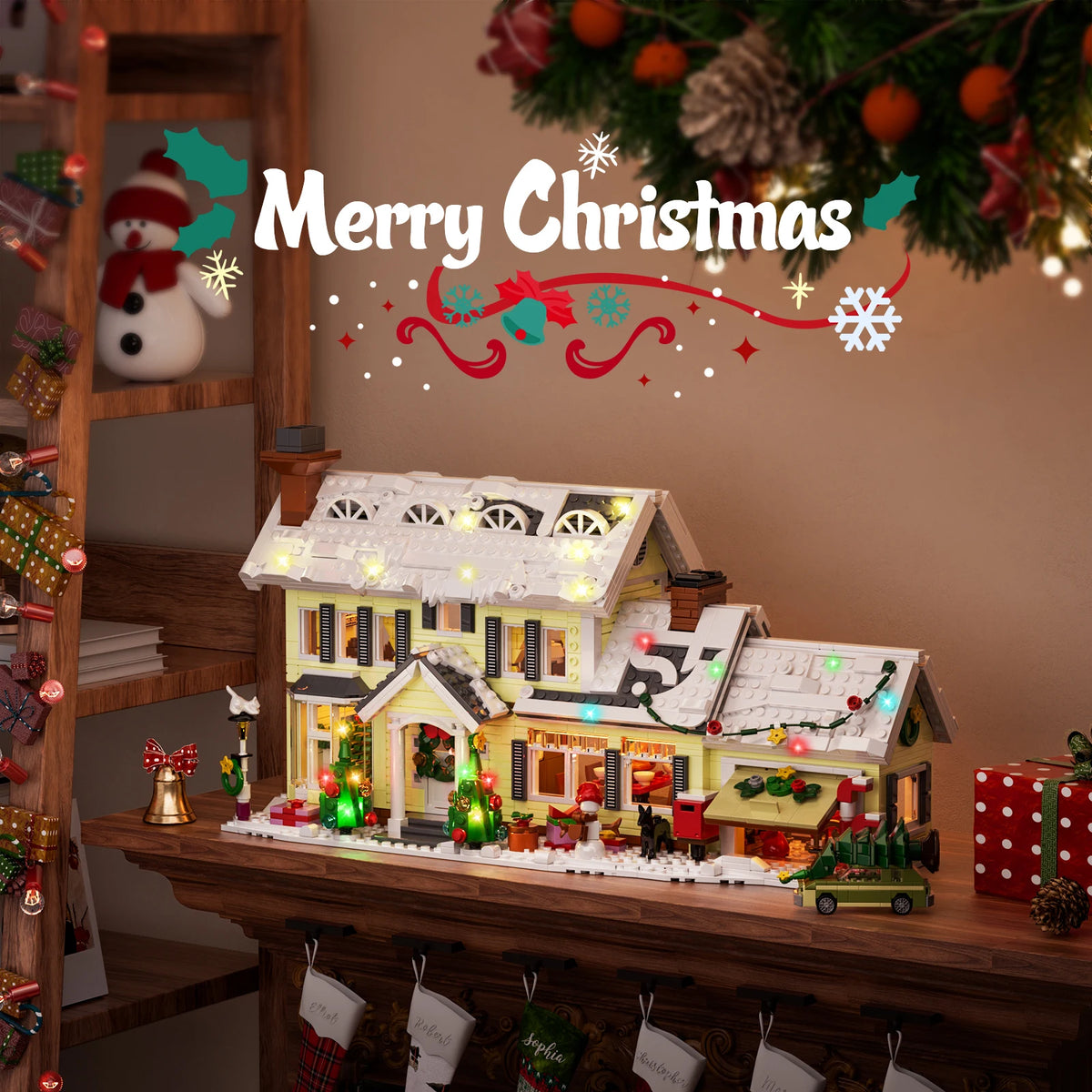 Lighted white Christmas village house building blocks set on wooden shelf