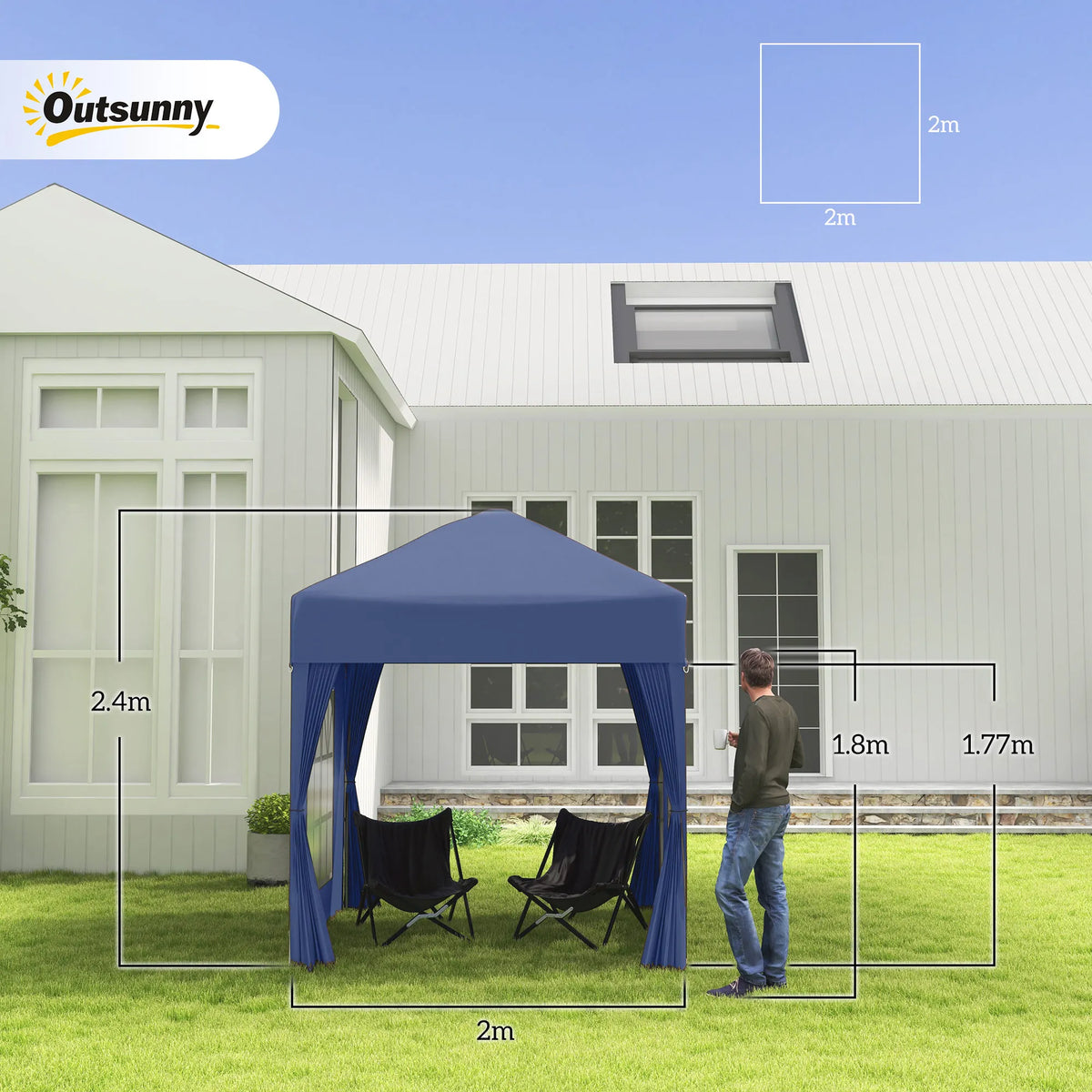 Blue pop-up garden gazebo on grass with sidewalls and window panels