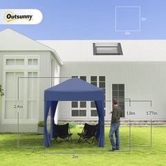 Blue pop-up garden gazebo on grass with sidewalls and window panels