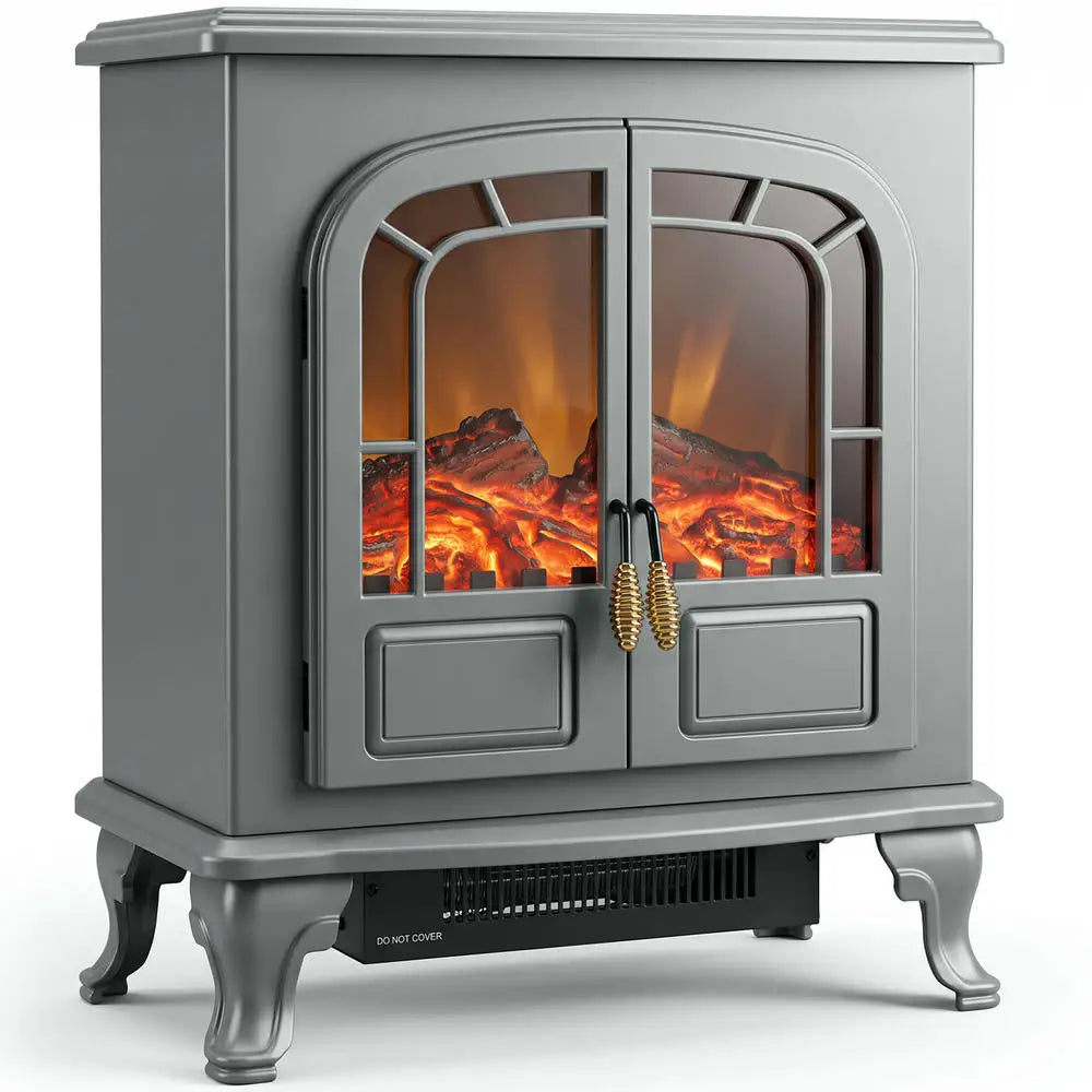 Freestanding steel fireplace stove heater with transparent flame-effect window, grey