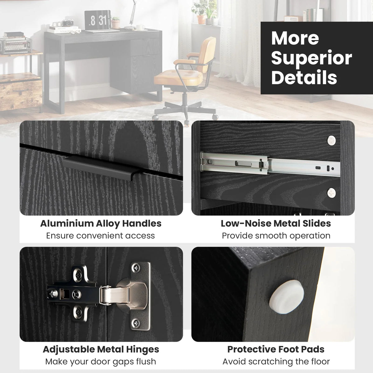 Black desk hardware close-up: metal handles, hinges, slides, and protective foot pads