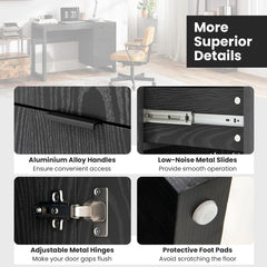 Black desk hardware close-up: metal handles, hinges, slides, and protective foot pads