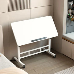 White standing desk with foldable tabletop panel and caster wheels