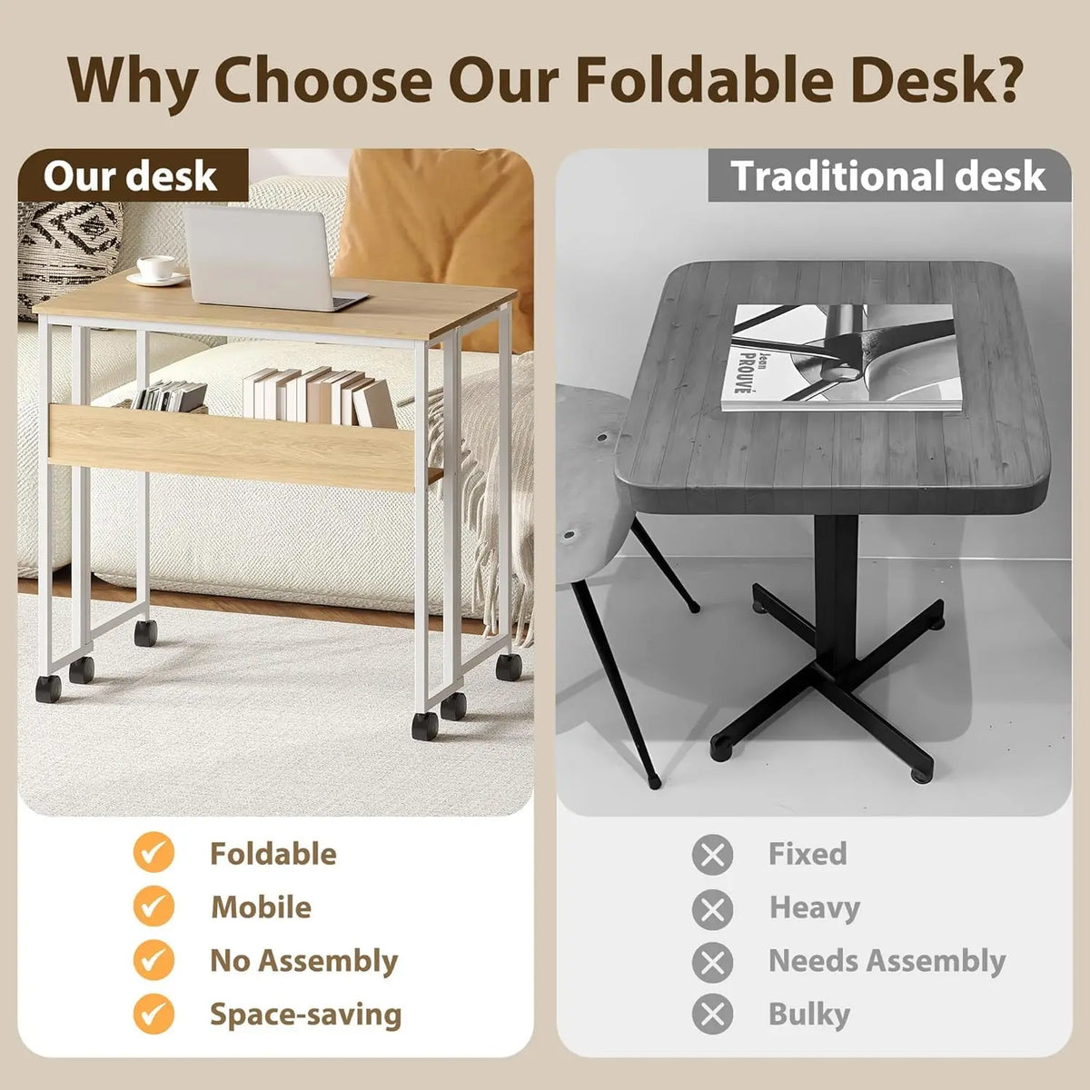 Foldable rolling desk with shelves and casters, light wood top, white frame