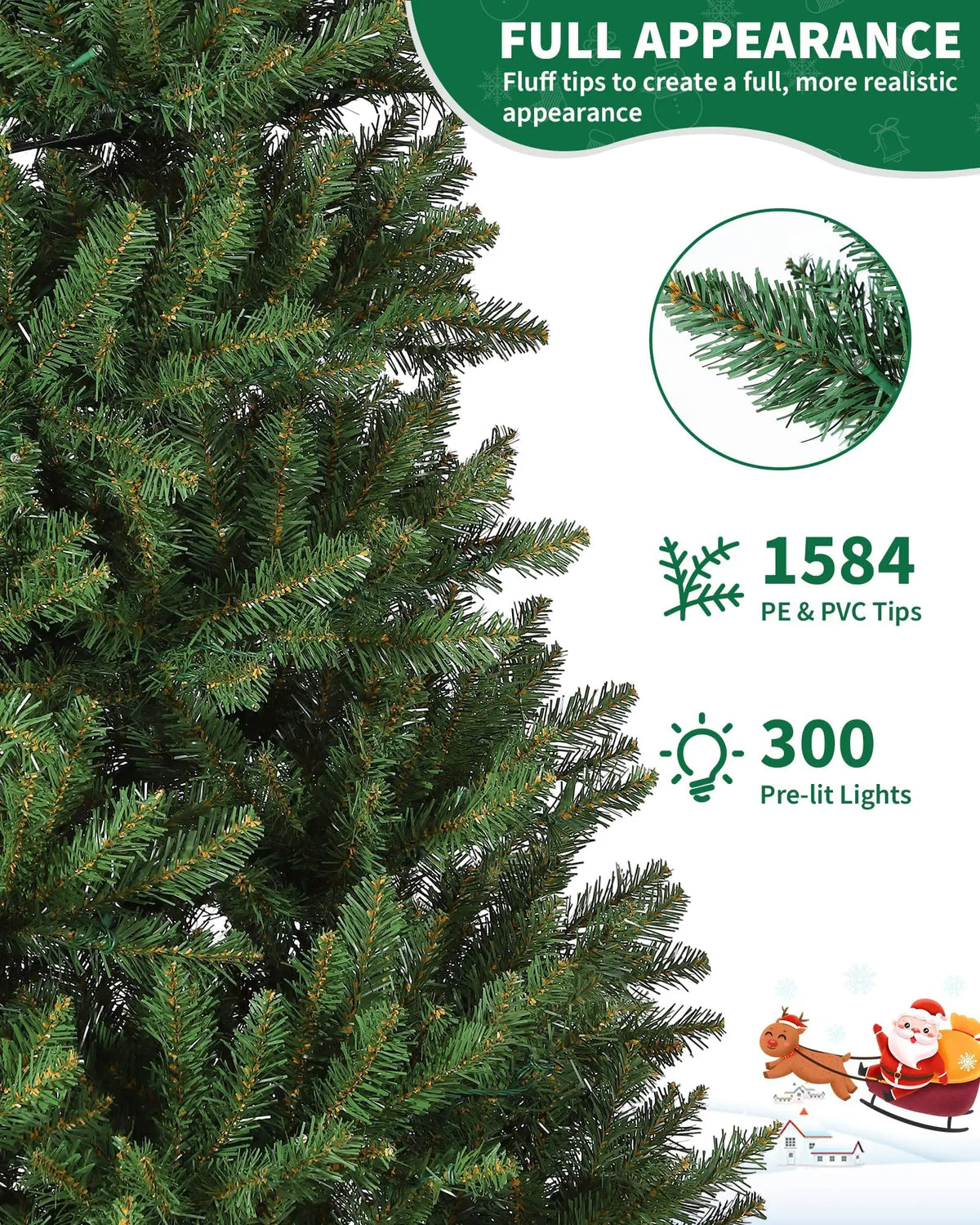 Green artificial Christmas tree branch tips with detailed pine texture