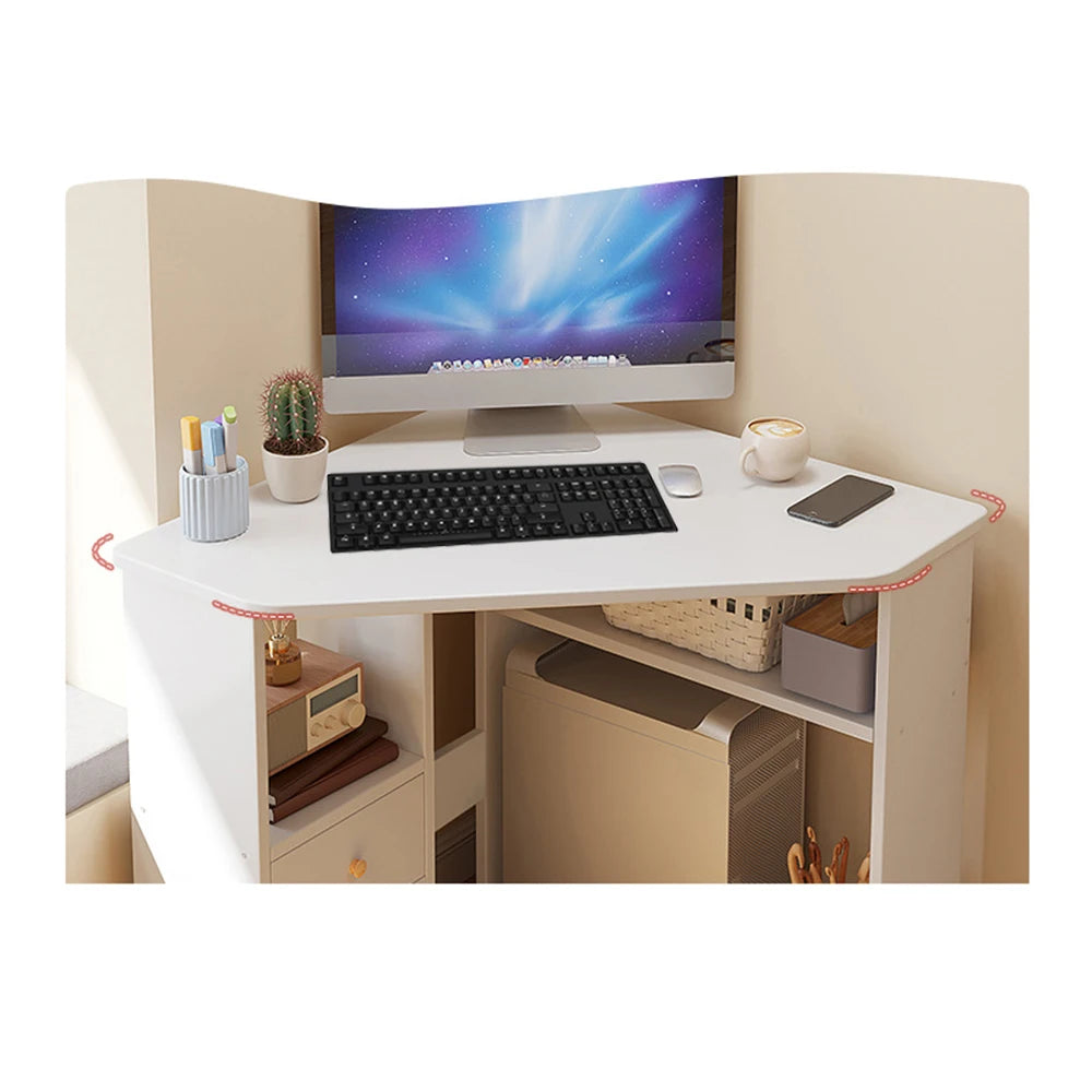 Ivory corner computer desk with keyboard tray and open lower storage compartments