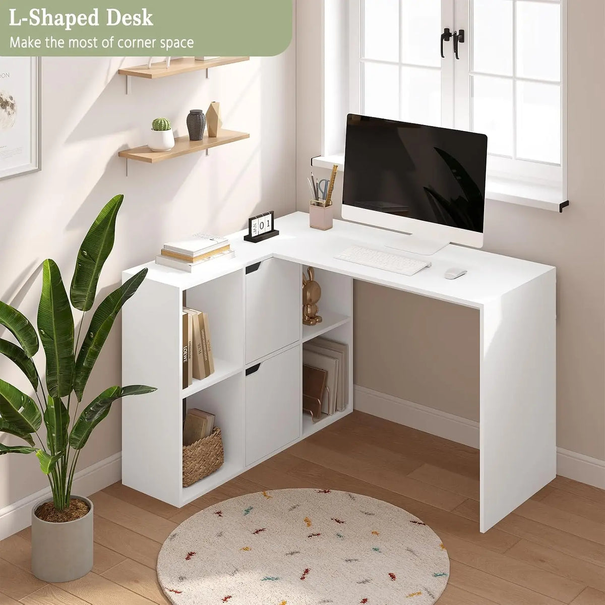 White L-shaped desk with open shelves, under-desk cubby, and monitor