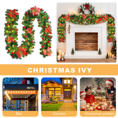 Two red LED rattan garlands with green foliage, poinsettias, red berries