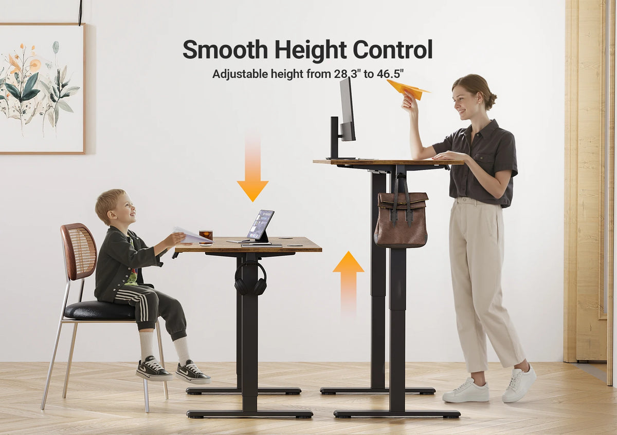 Electric standing desk with smooth height control base and adjustable frame