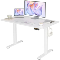 Height adjustable standing desk with white desktop and black electric legs