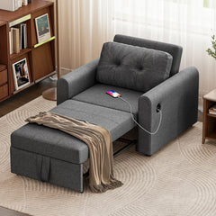 Dark grey sofa bed chair with tufted back, arm cutout, and pull-out sleeping base