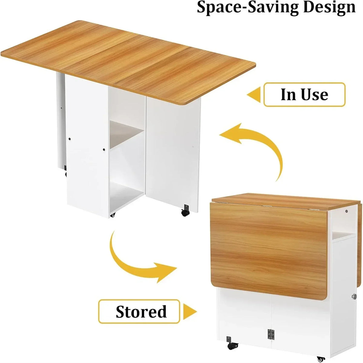 Space-saving retractable folding table with wood top, white cabinet, and caster wheels