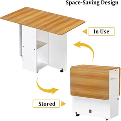 Space-saving retractable folding table with wood top, white cabinet, and caster wheels