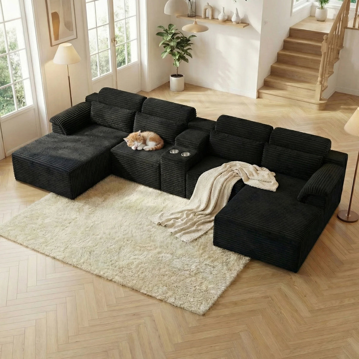 Black corduroy modular sectional sofa with chaise extension and center cup holders