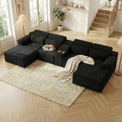 Black corduroy modular sectional sofa with chaise extension and center cup holders