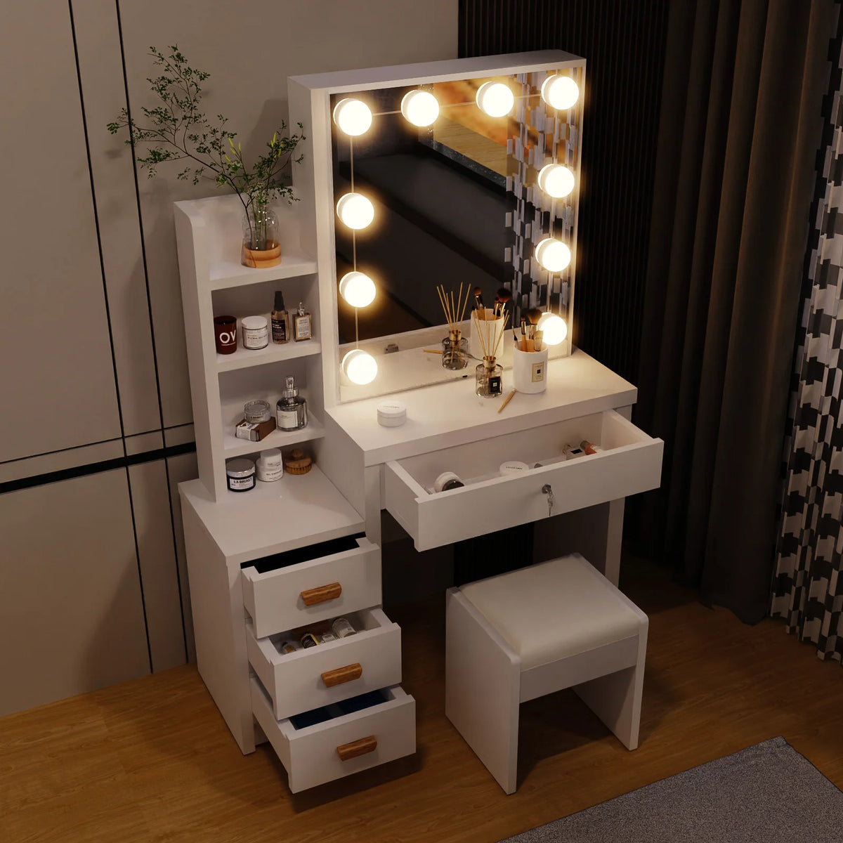 White dressing table set with LED mirror surround, drawers, open side shelves, and cushioned stool