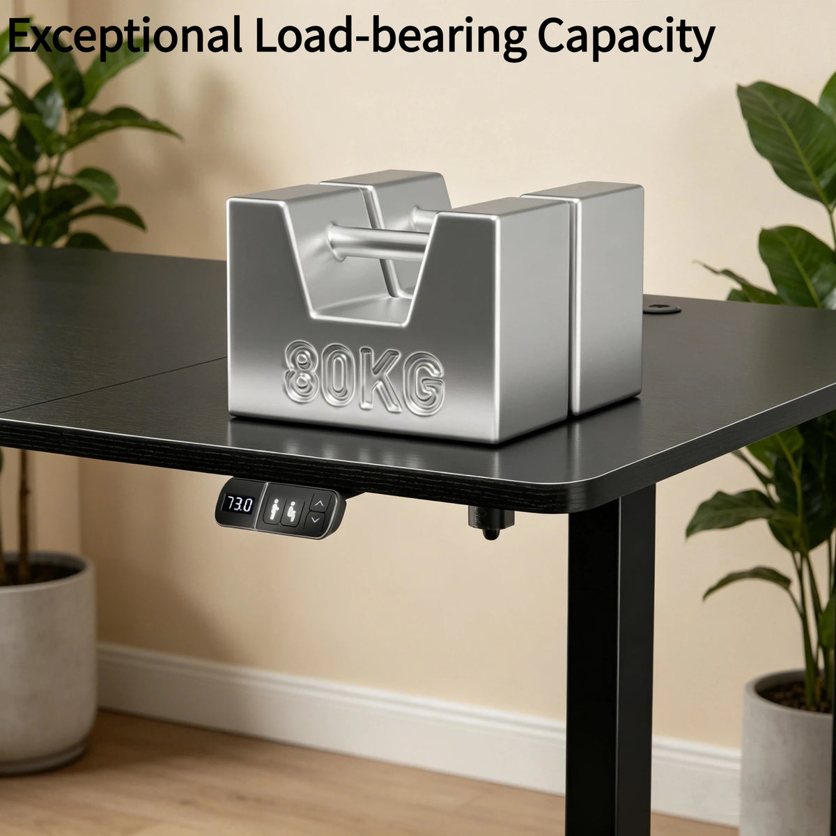 Black desktop with control panel and sturdy steel legs supporting a weight block