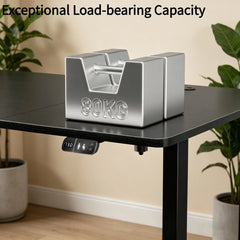 Black desktop with control panel and sturdy steel legs supporting a weight block