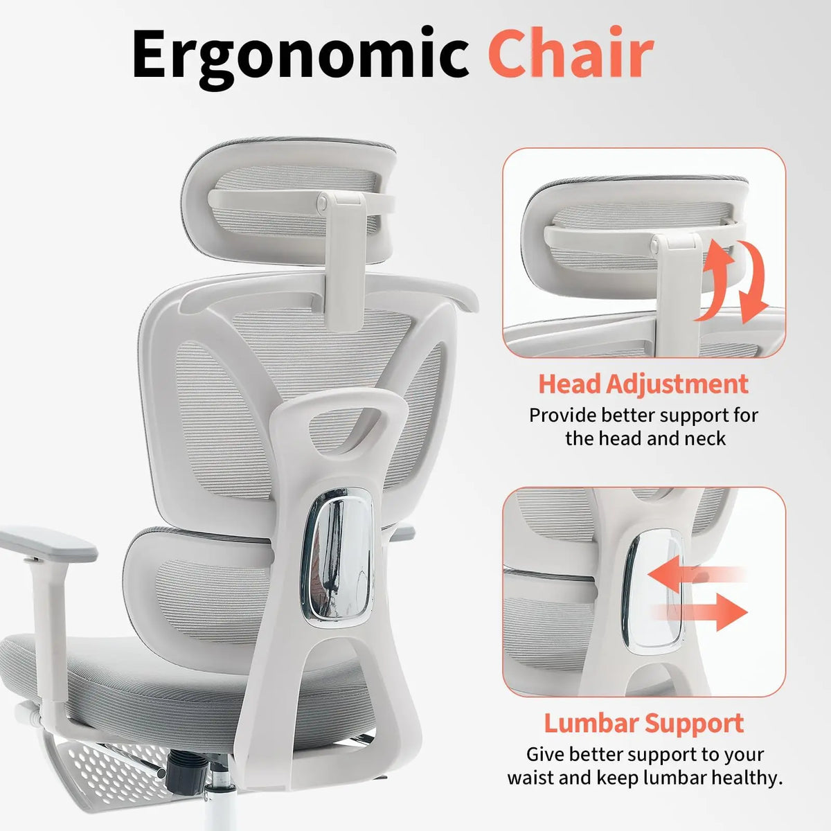 White mesh office chair showing head adjustment and lumbar support features