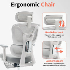 White mesh office chair showing head adjustment and lumbar support features