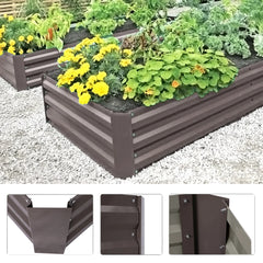 Dark gray raised bed planter, front and interior side view diagrams (3 panels).