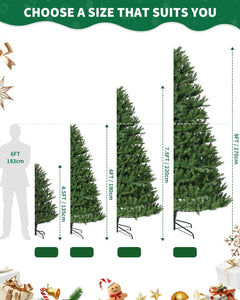 Green artificial Christmas tree on metal stand, height comparison view