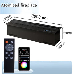 Black electric fireplace size diagram with remote controls, 2000mm length