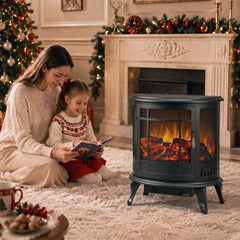 Black electric fireplace stove with glass front and realistic flame, on short feet