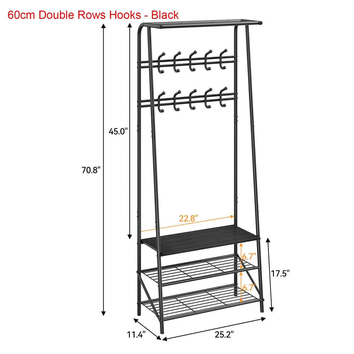 Coat rack shoe bench size diagram with double-row hooks, black frame, shoe shelf