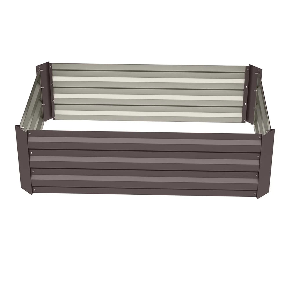 Freestanding raised bed planter with dark gray slatted sides and open top.